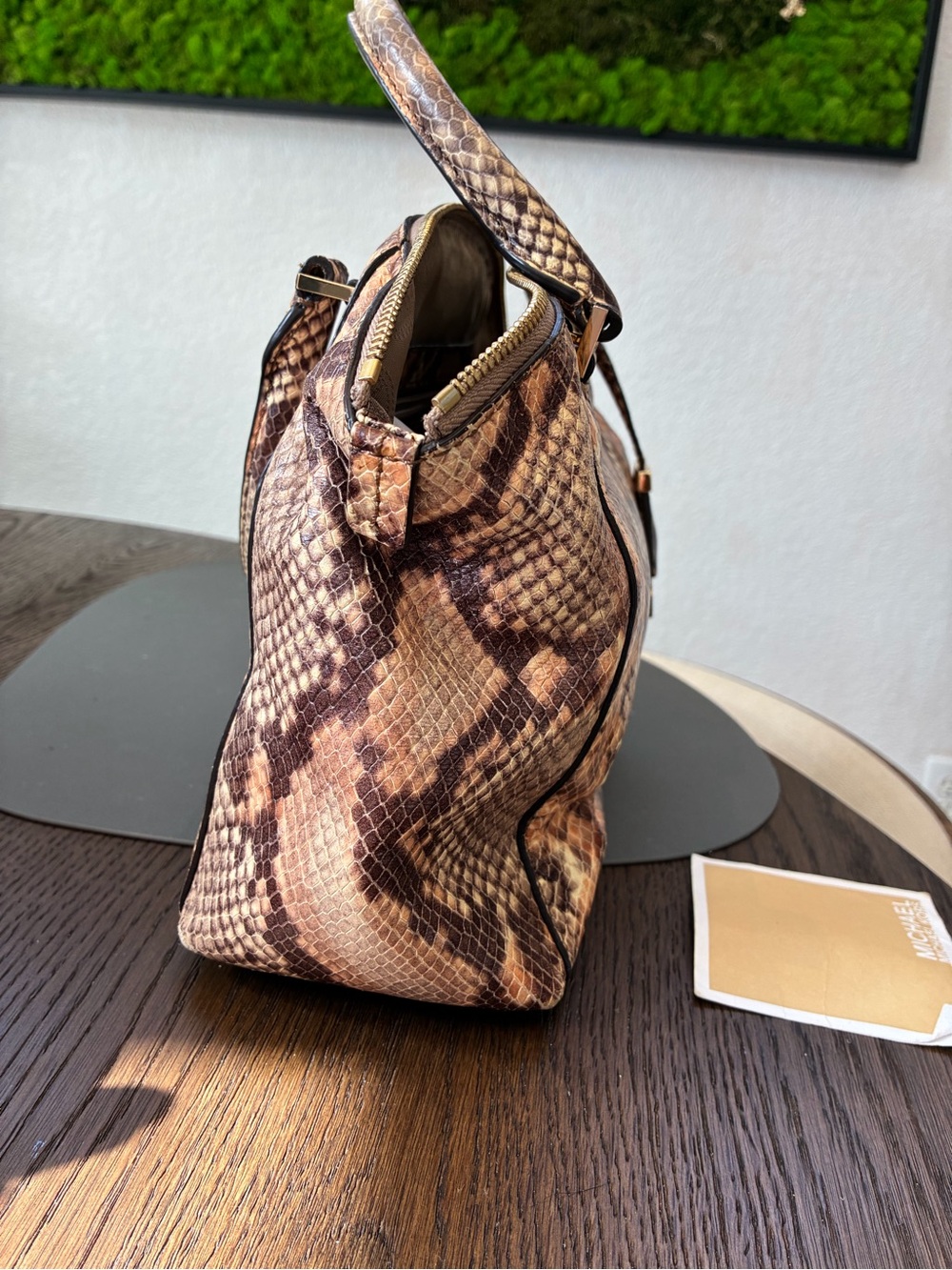 Michael Kors Brown and Tan Astor  Snake-Print Satchel - Picture 8 of 15